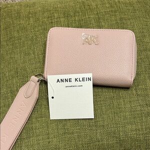 Anne Klein Pale Pink Pebbled Leather Wristlet Wallet with Gold AK Logo